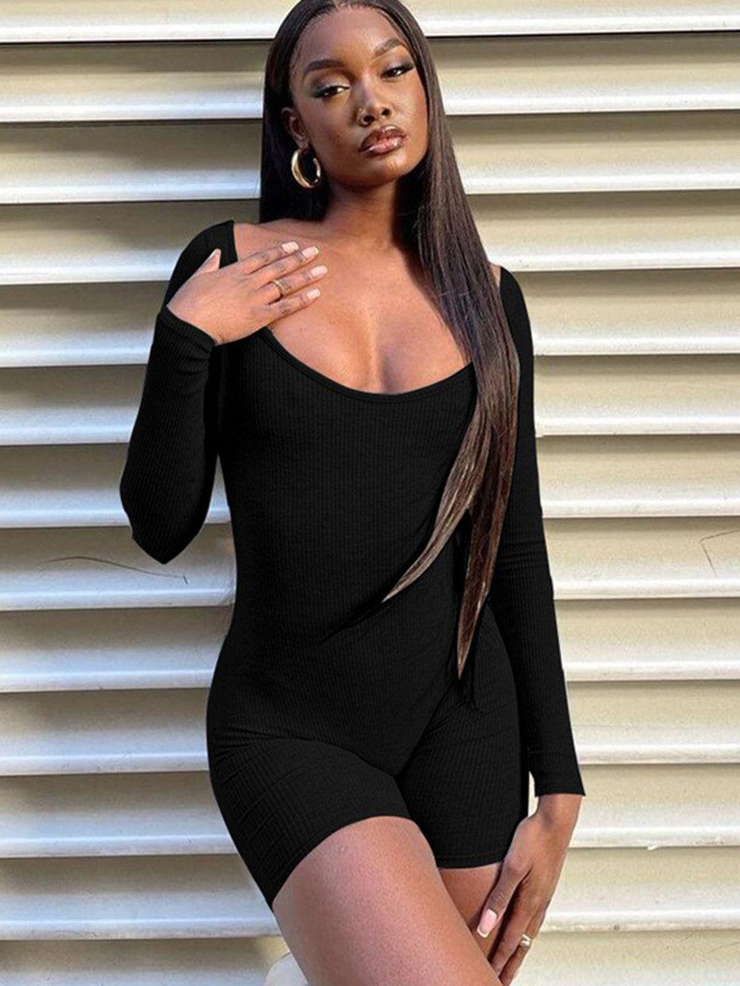 stylecast black ribbed scoop neck long sleeves playsuit