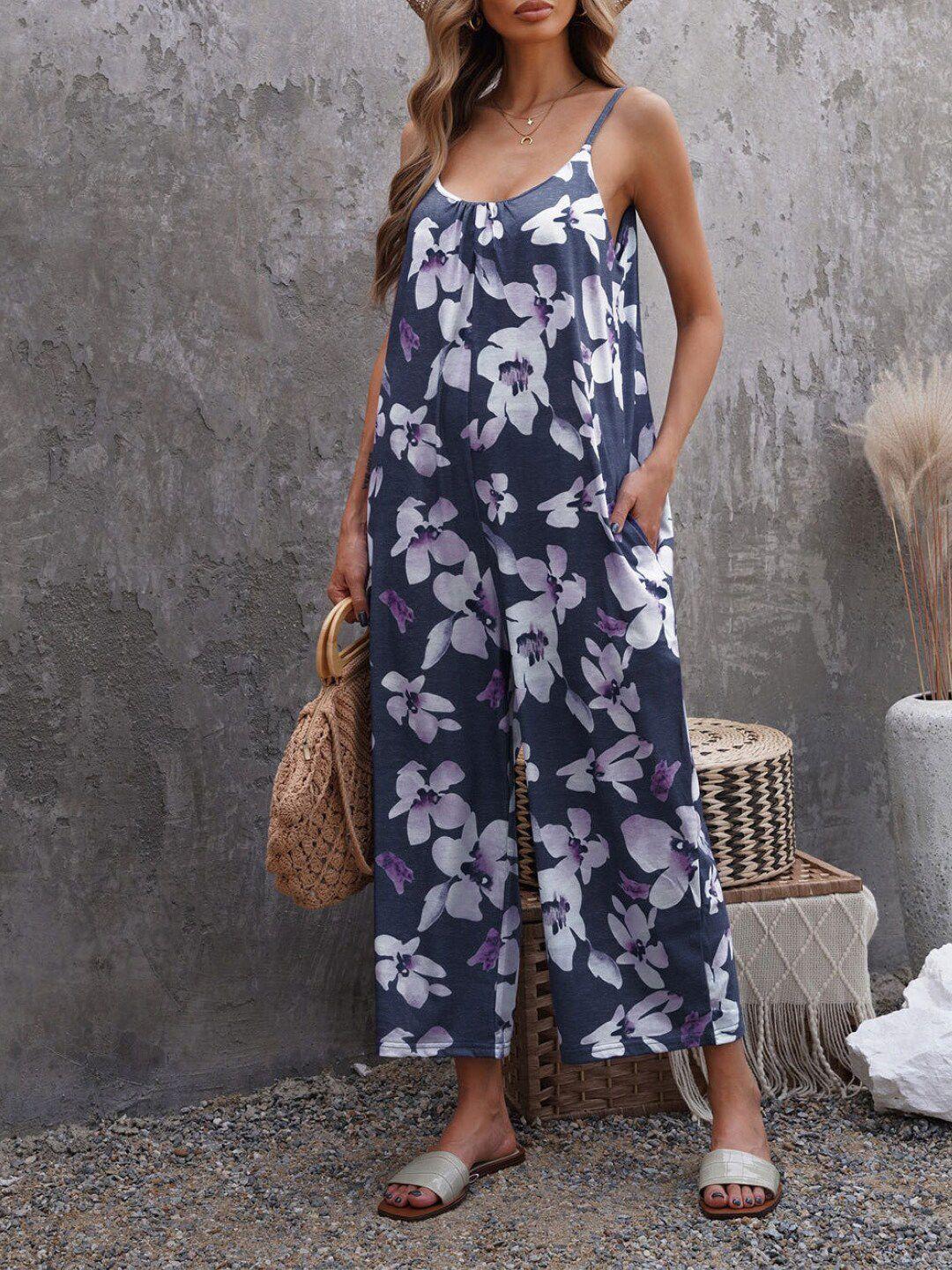 stylecast blue & white floral printed shoulder straps basic jumpsuit