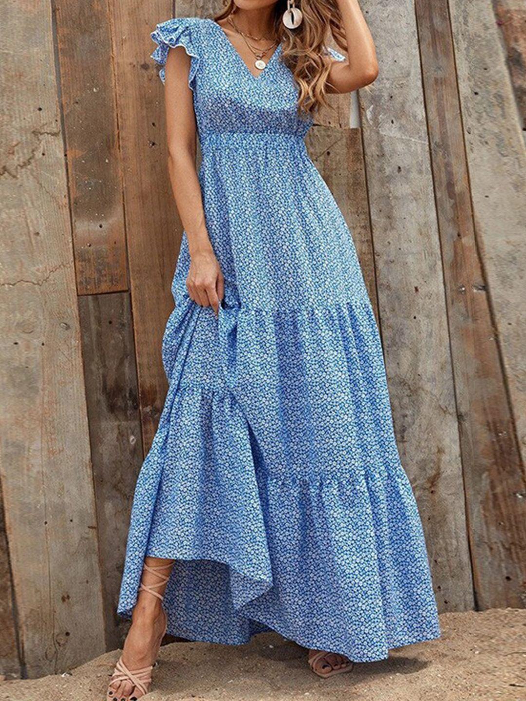 stylecast blue & white geometric printed flutter sleeves maxi fit and flare dress