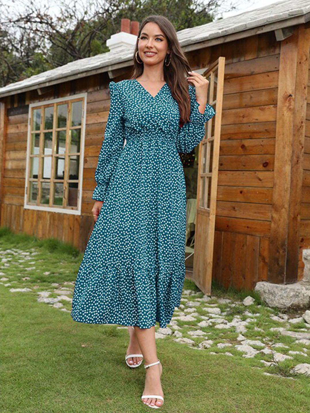 stylecast blue & white polka dots printed fit & flare midi dress