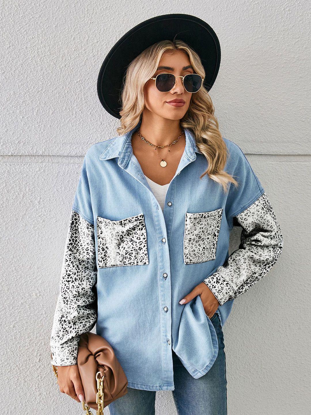 stylecast blue & white regular fit abstract printed long sleeves shacket