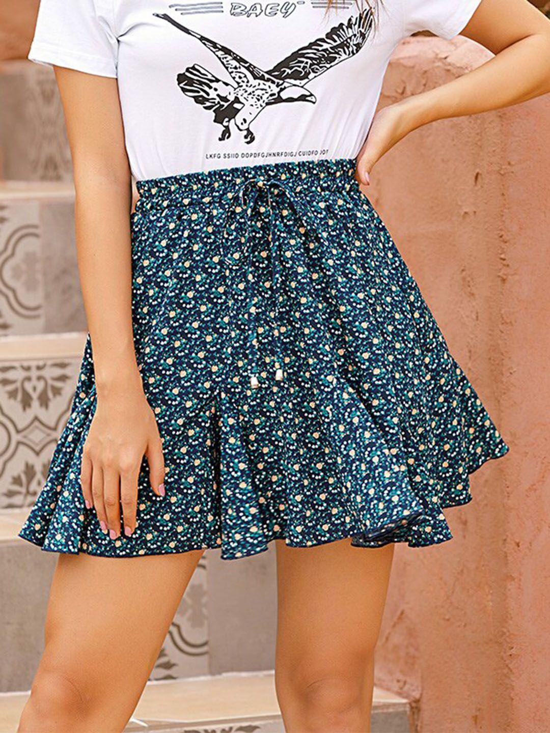 stylecast blue & yellow abstract printed flared mini skirt