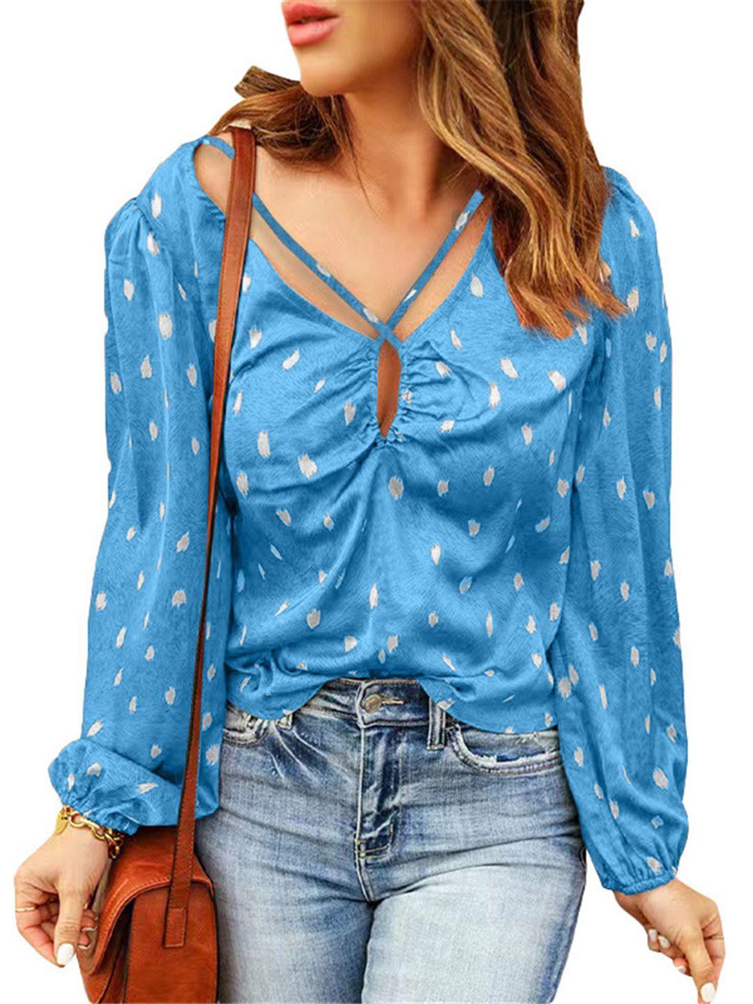 stylecast blue abstract printed puff sleeves cotton top