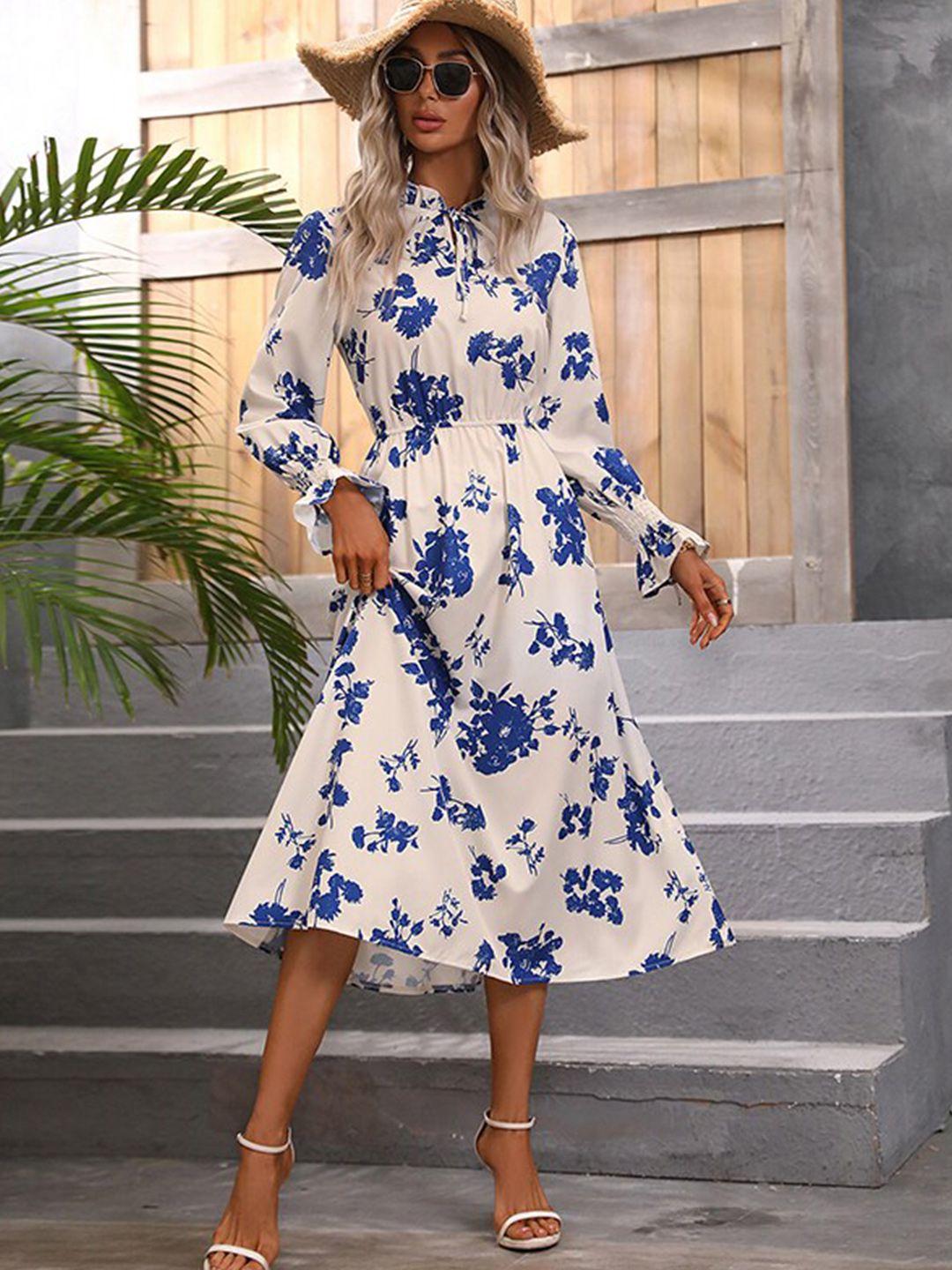 stylecast blue and white floral print tie-up neck bishop sleeves a-line midi dress