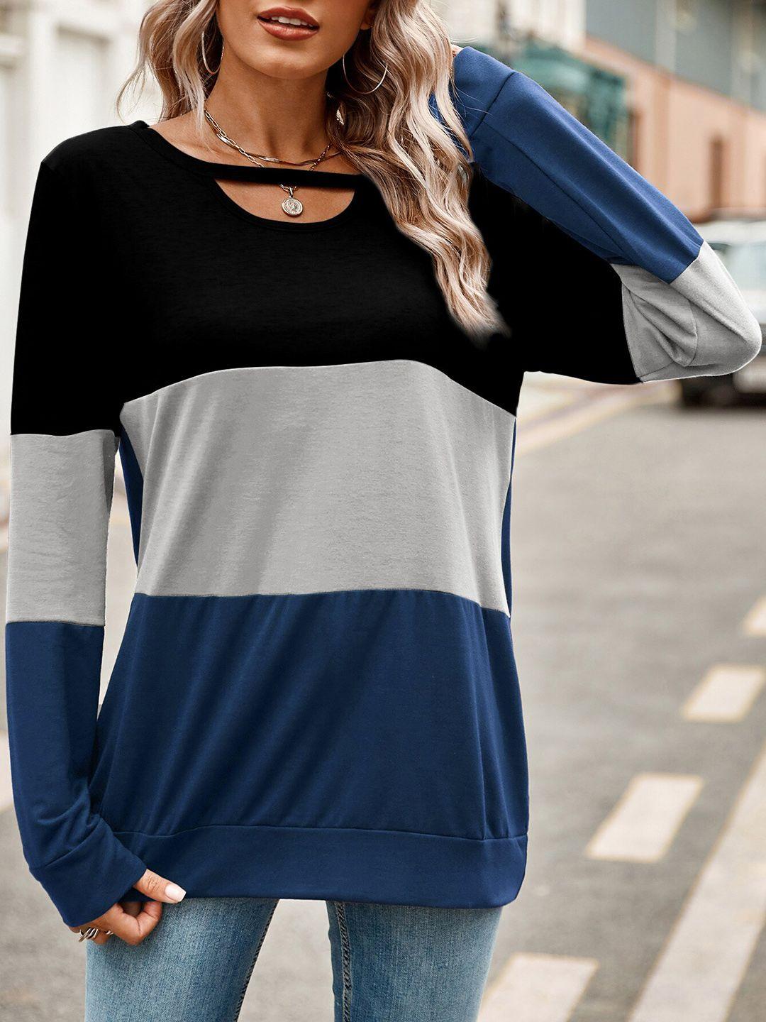 stylecast blue colourblocked keyhole neck extended sleeves cotton top