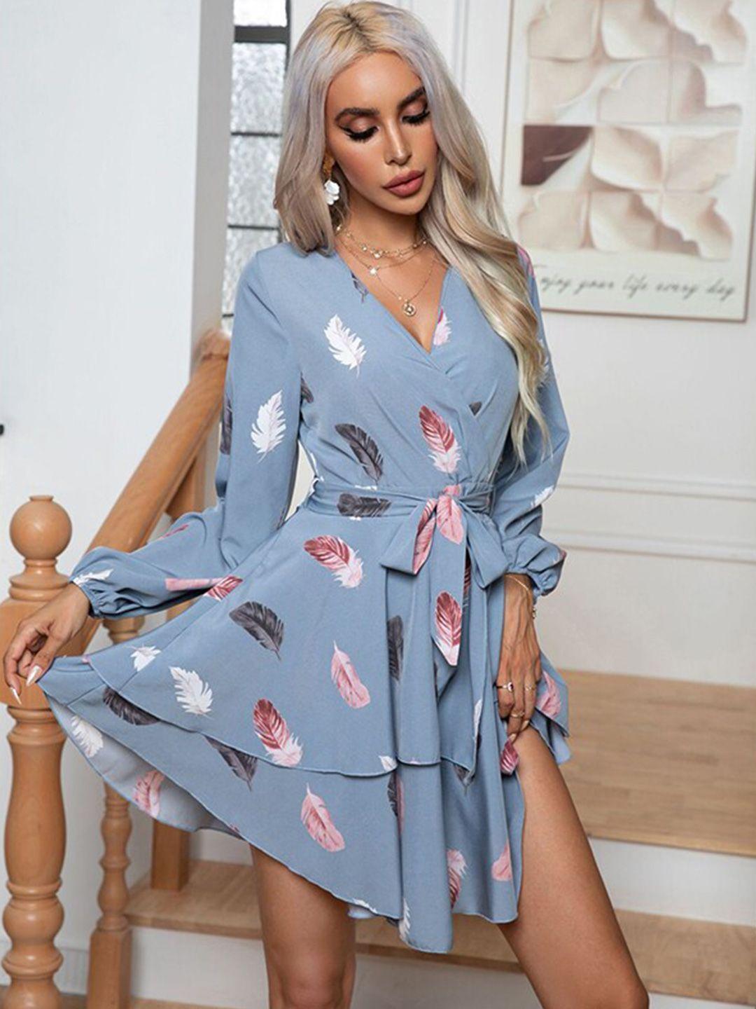 stylecast blue conversational printed v-neck puff sleeves a-line dress