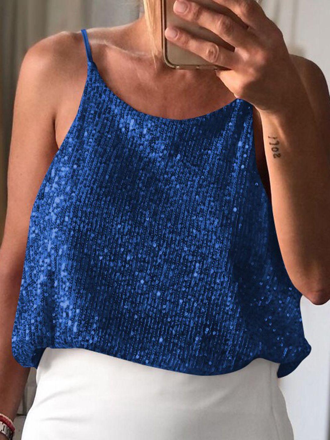 stylecast blue embellished sequinned sleeveless top