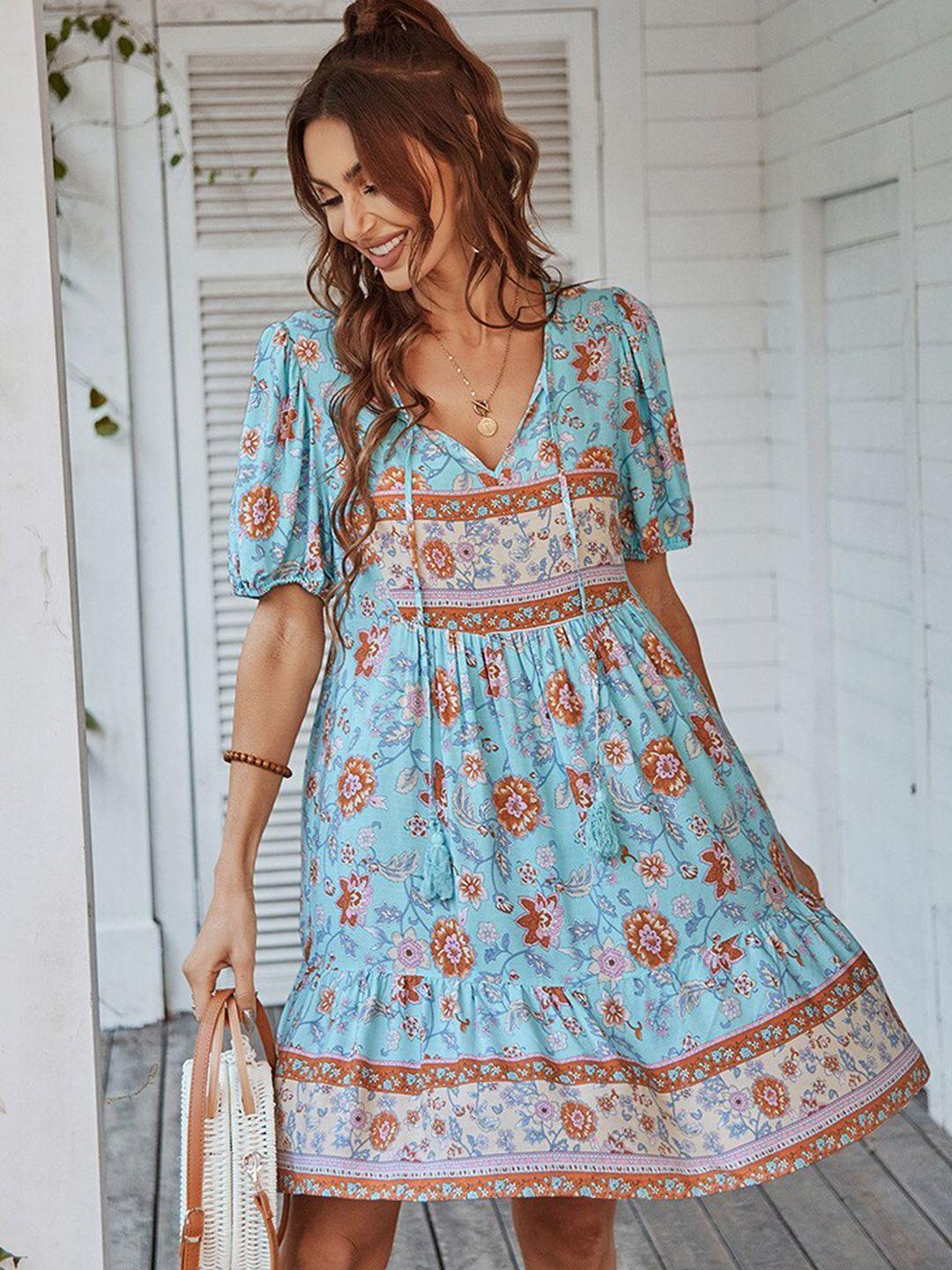 stylecast blue floral print v-neck puff sleeve fit & flare midi dress