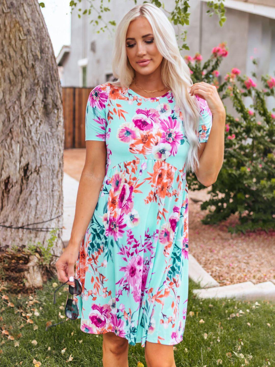 stylecast blue floral printed gathered a-line dress