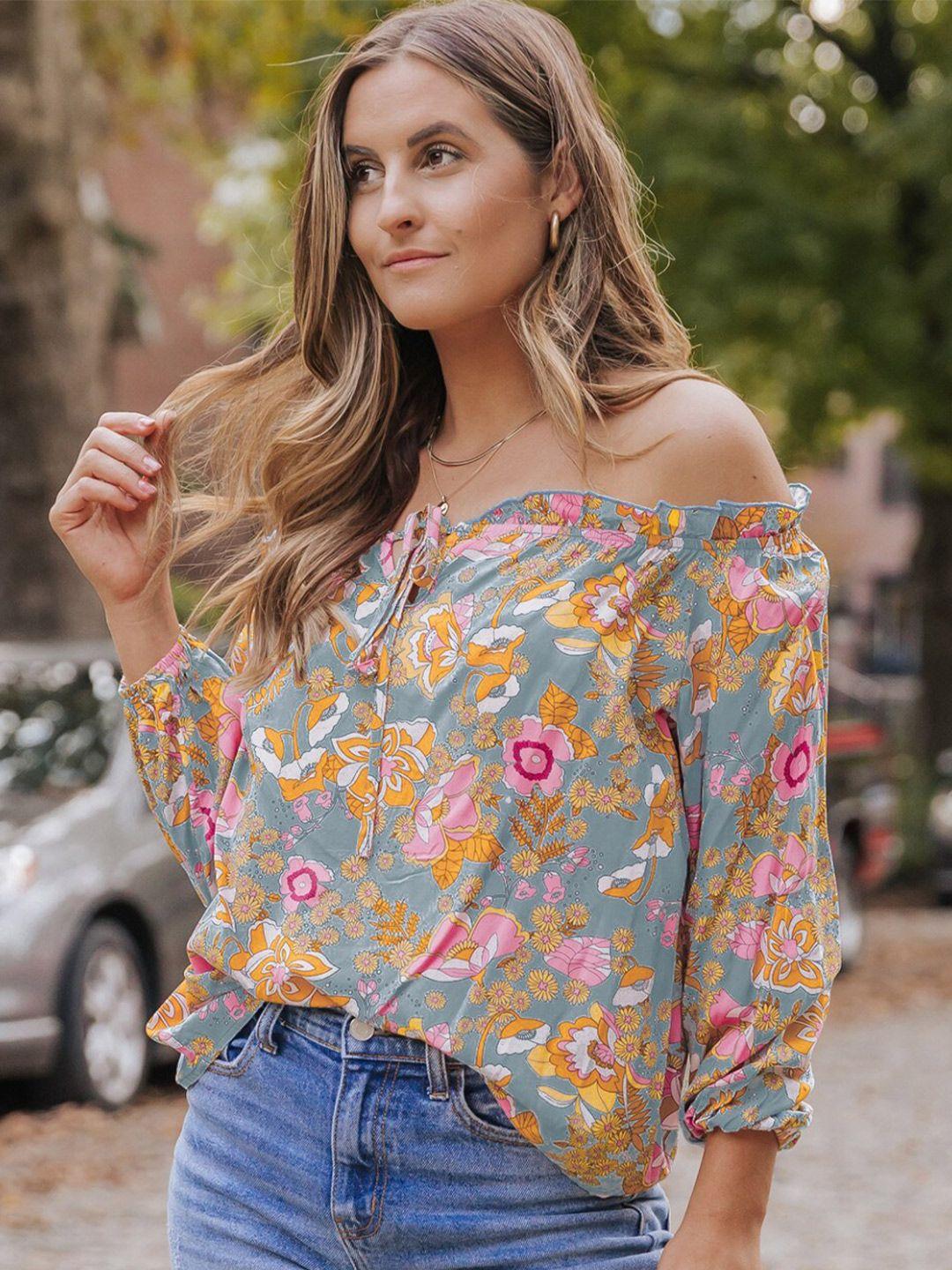 stylecast blue floral printed off-shoulder puff sleeves bardot top