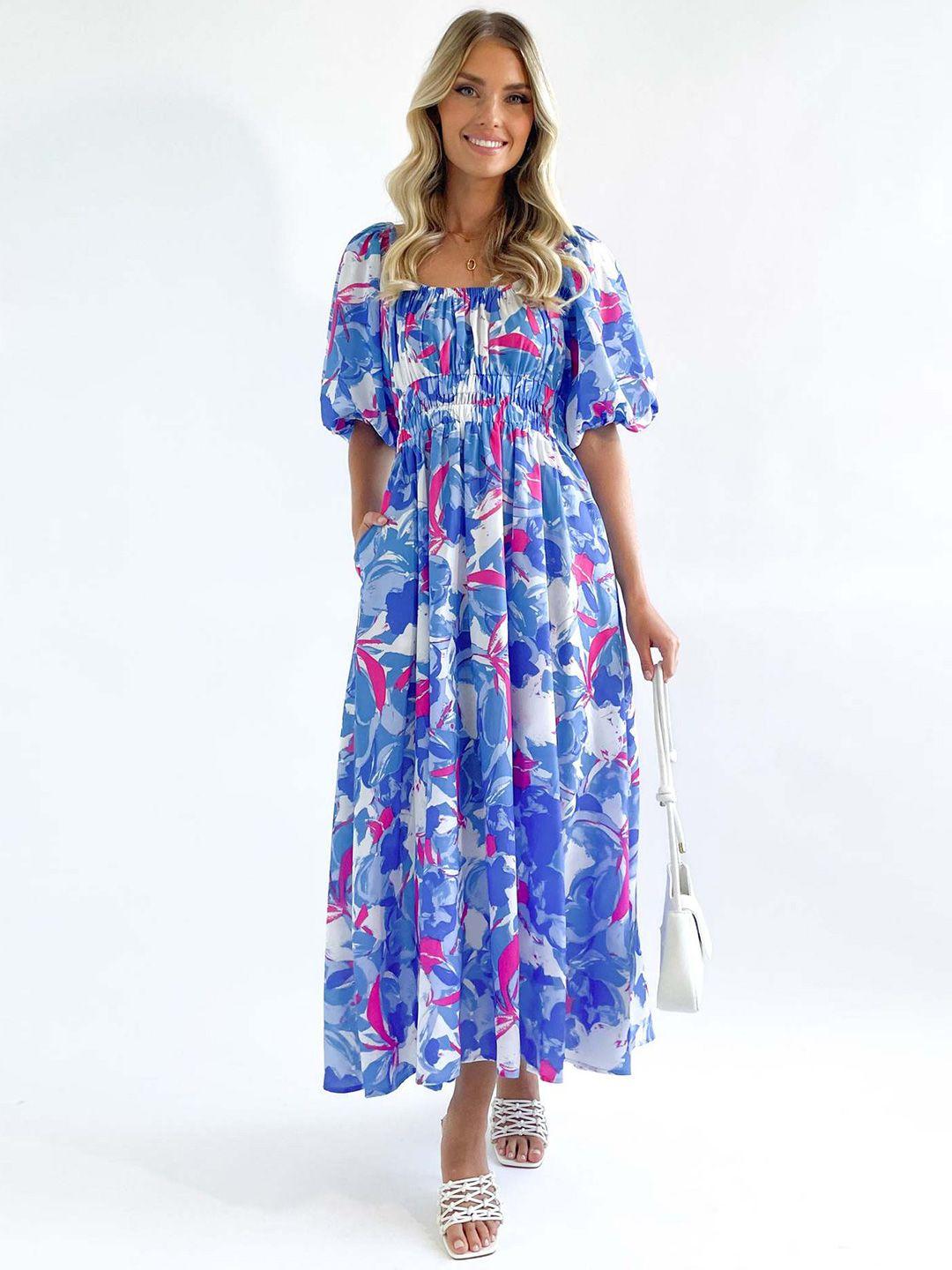 stylecast blue floral printed puff sleeves smocked maxi fit and flare dress