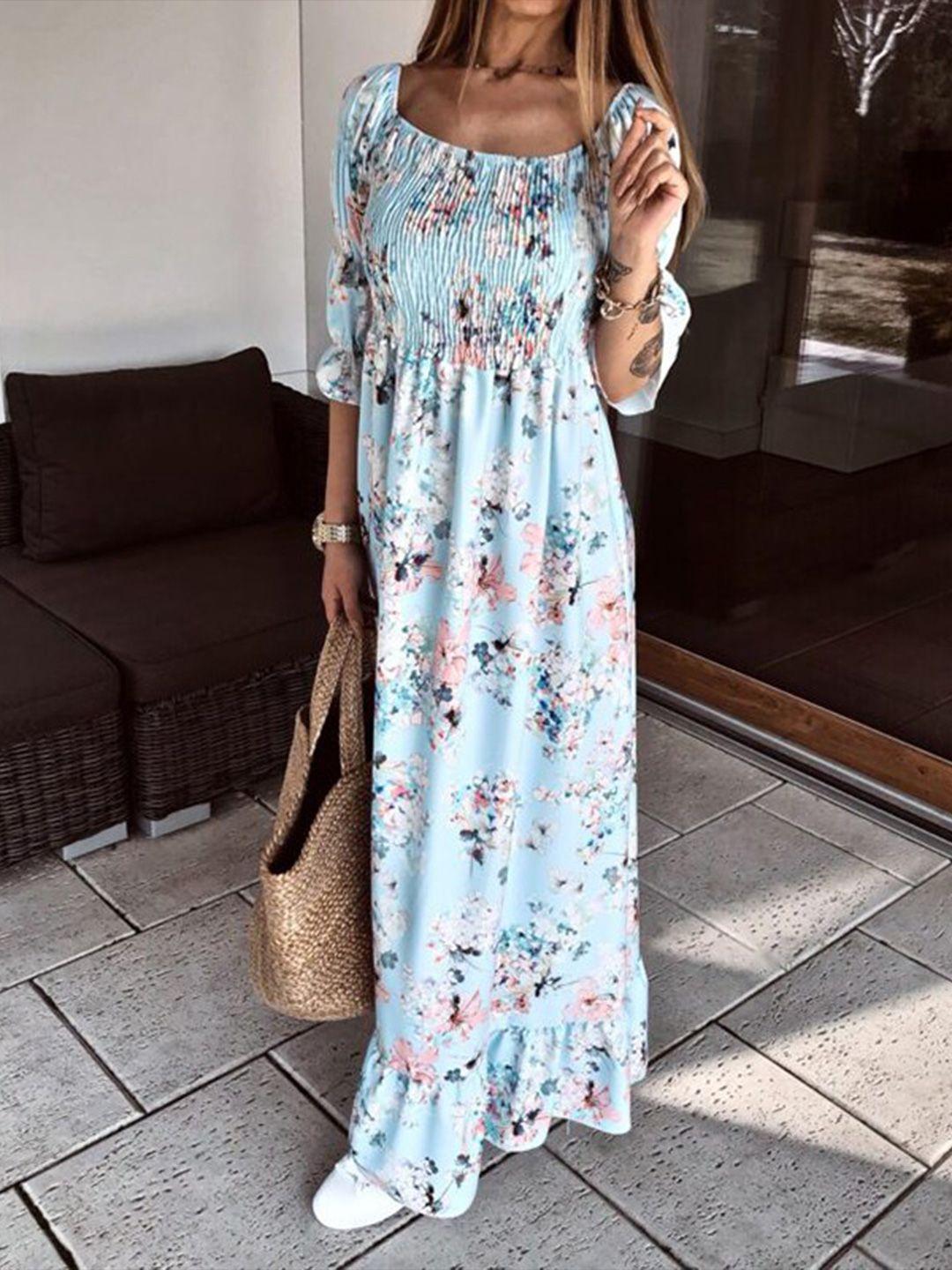 stylecast blue floral printed square neck puff sleeve smocked fit and flare maxi dress