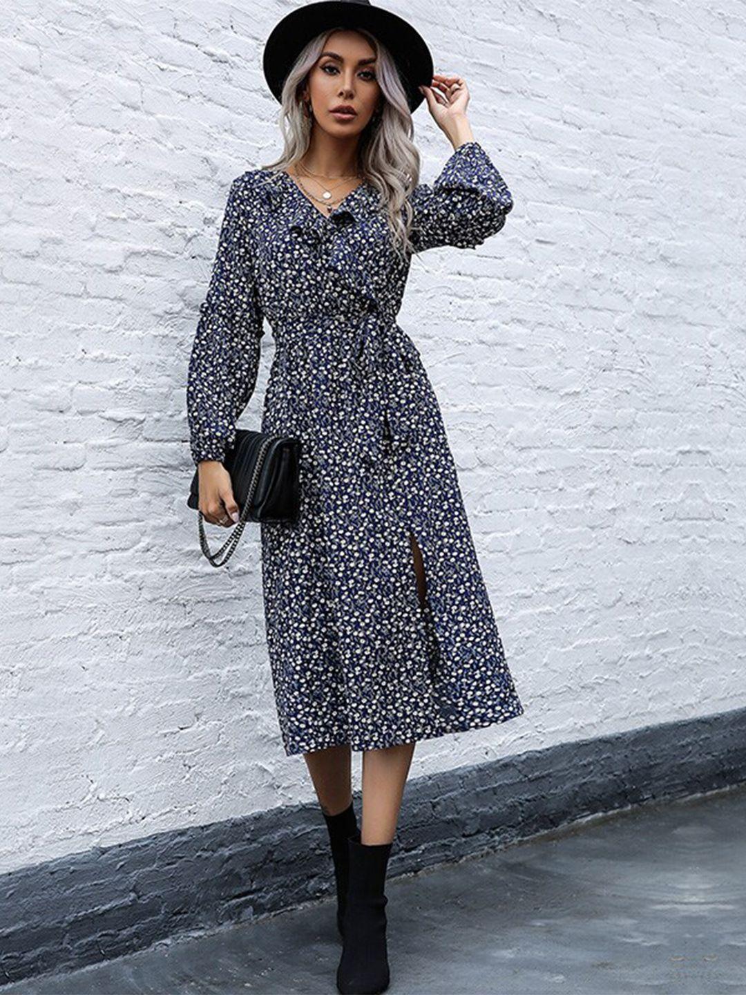 stylecast blue floral printed v-neck puff sleeves ruffles a-line midi dress