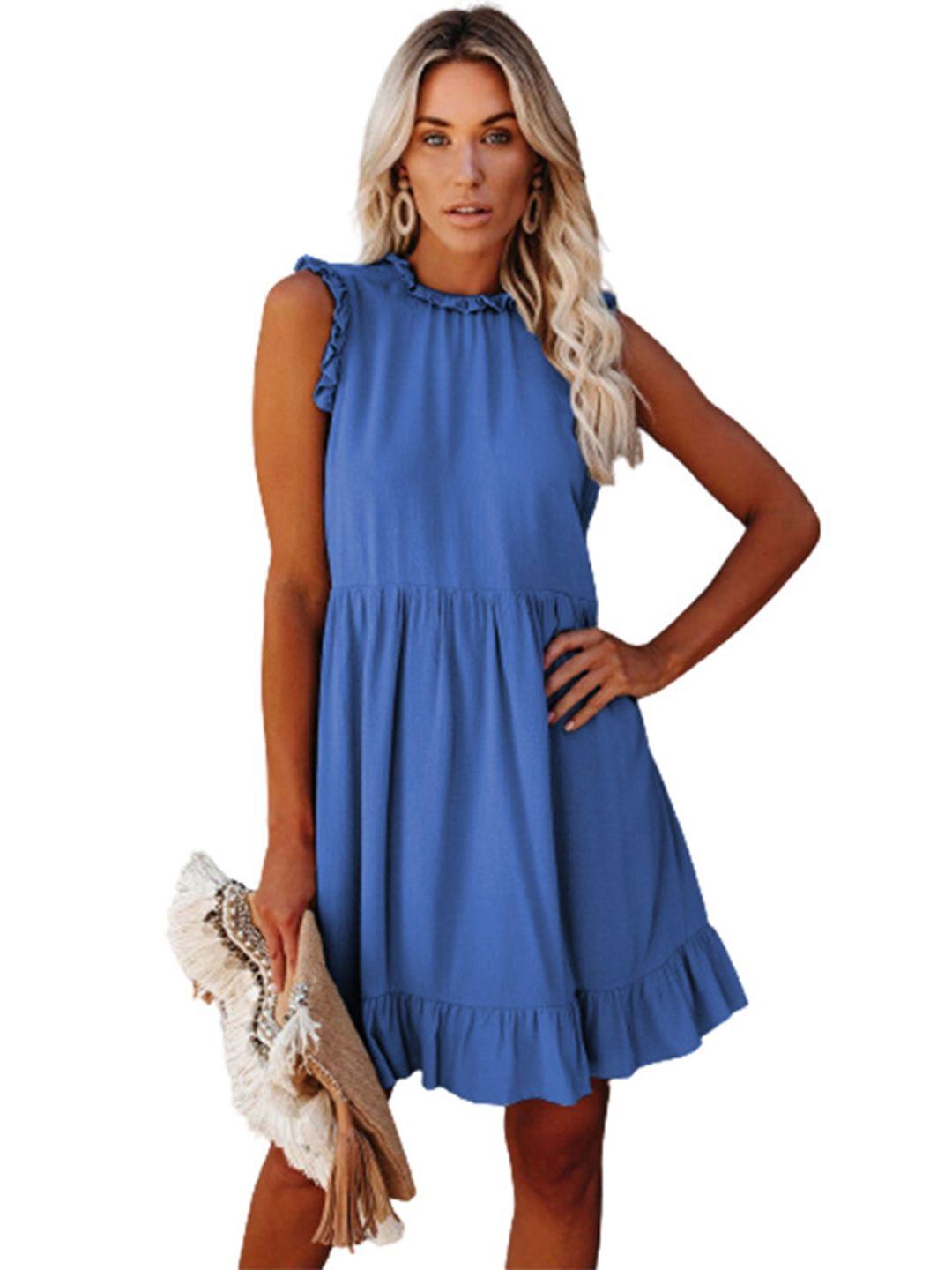 stylecast blue high neck cotton fit & flare dress