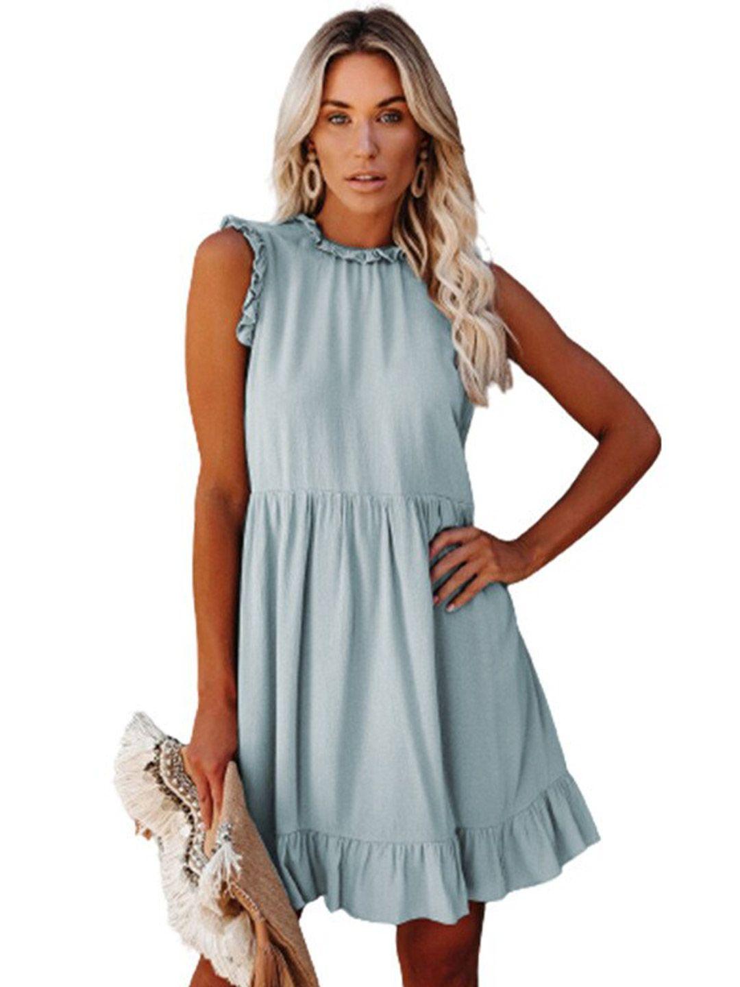 stylecast blue high neck sleeveless tiered & ruffles detail a-line dress