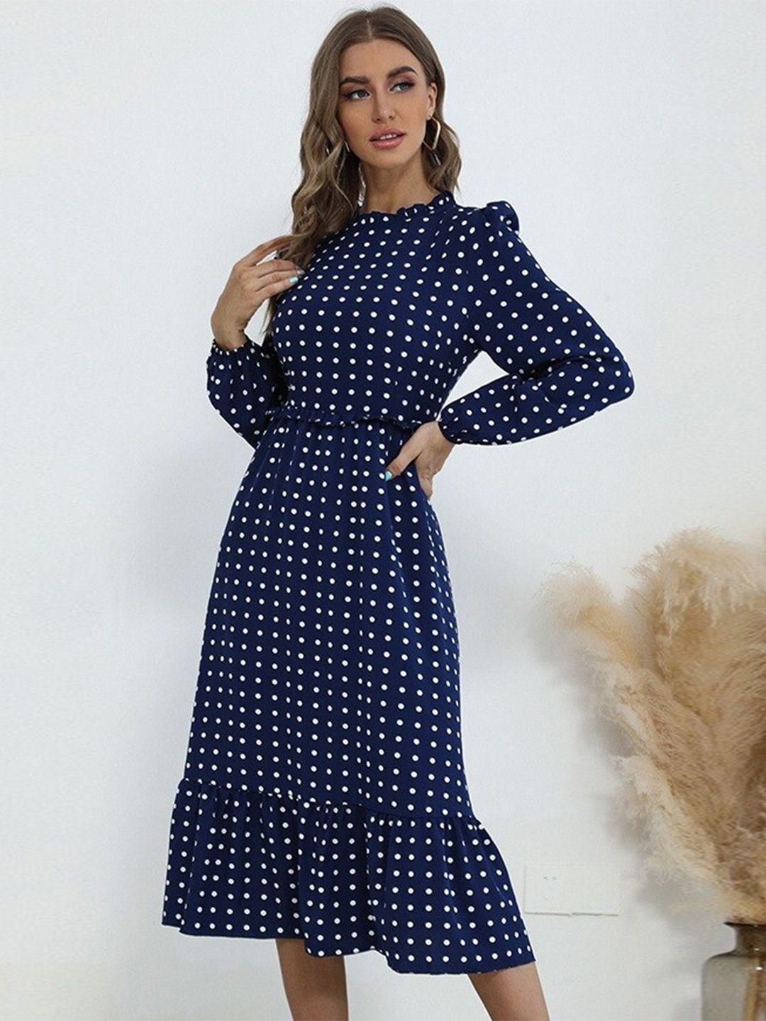 stylecast blue polka dot printed puff sleeve ruffled fit & flare midi dress