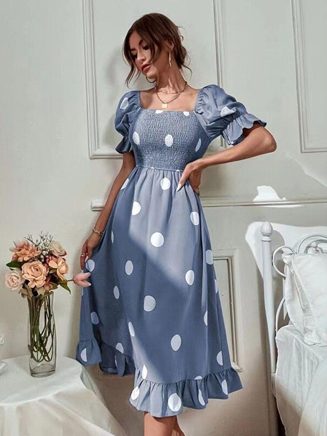 stylecast blue polka dots printed square neck puff sleeves smocked fit & flare midi dress