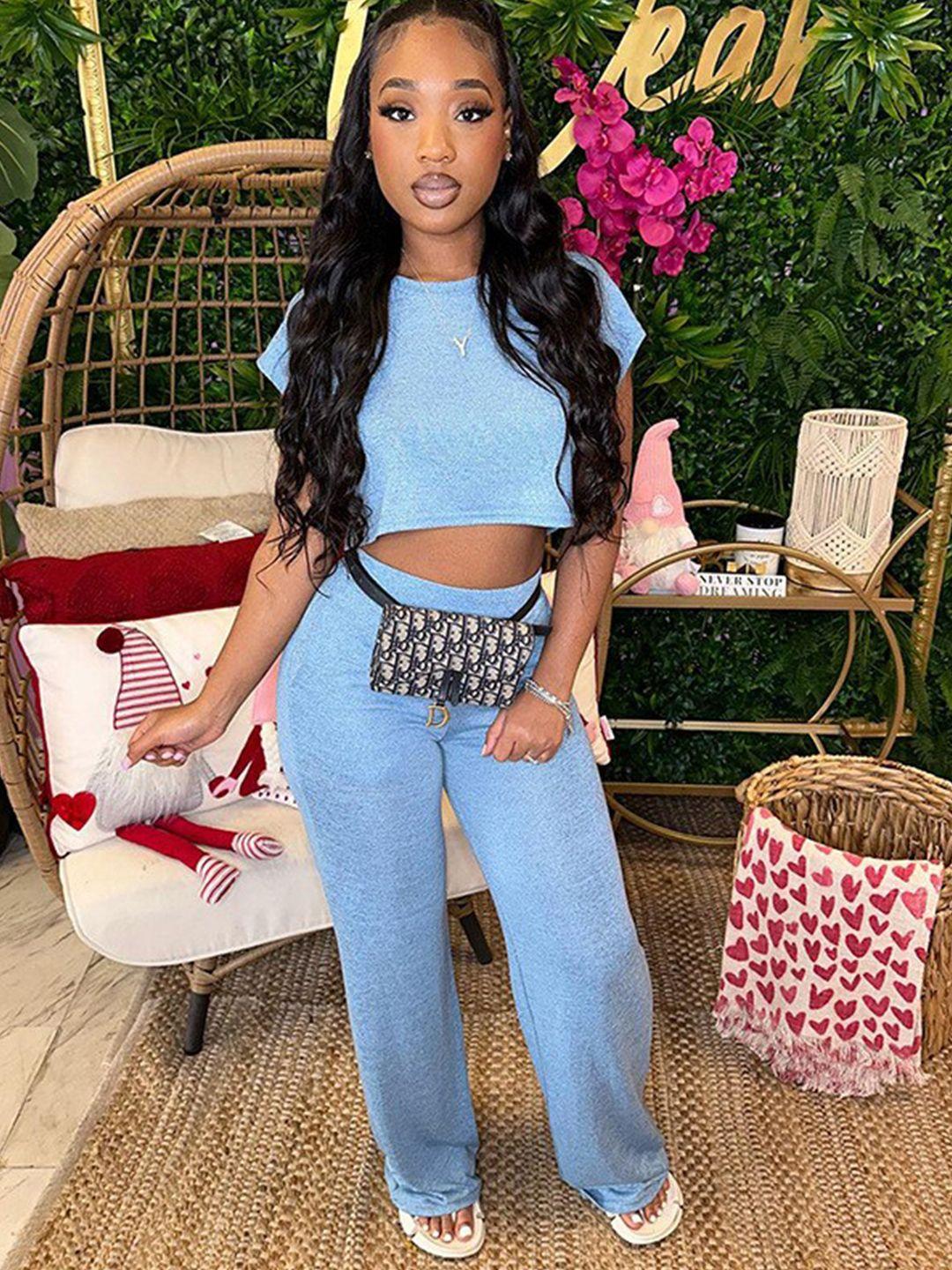 stylecast blue round neck crop top & trousers