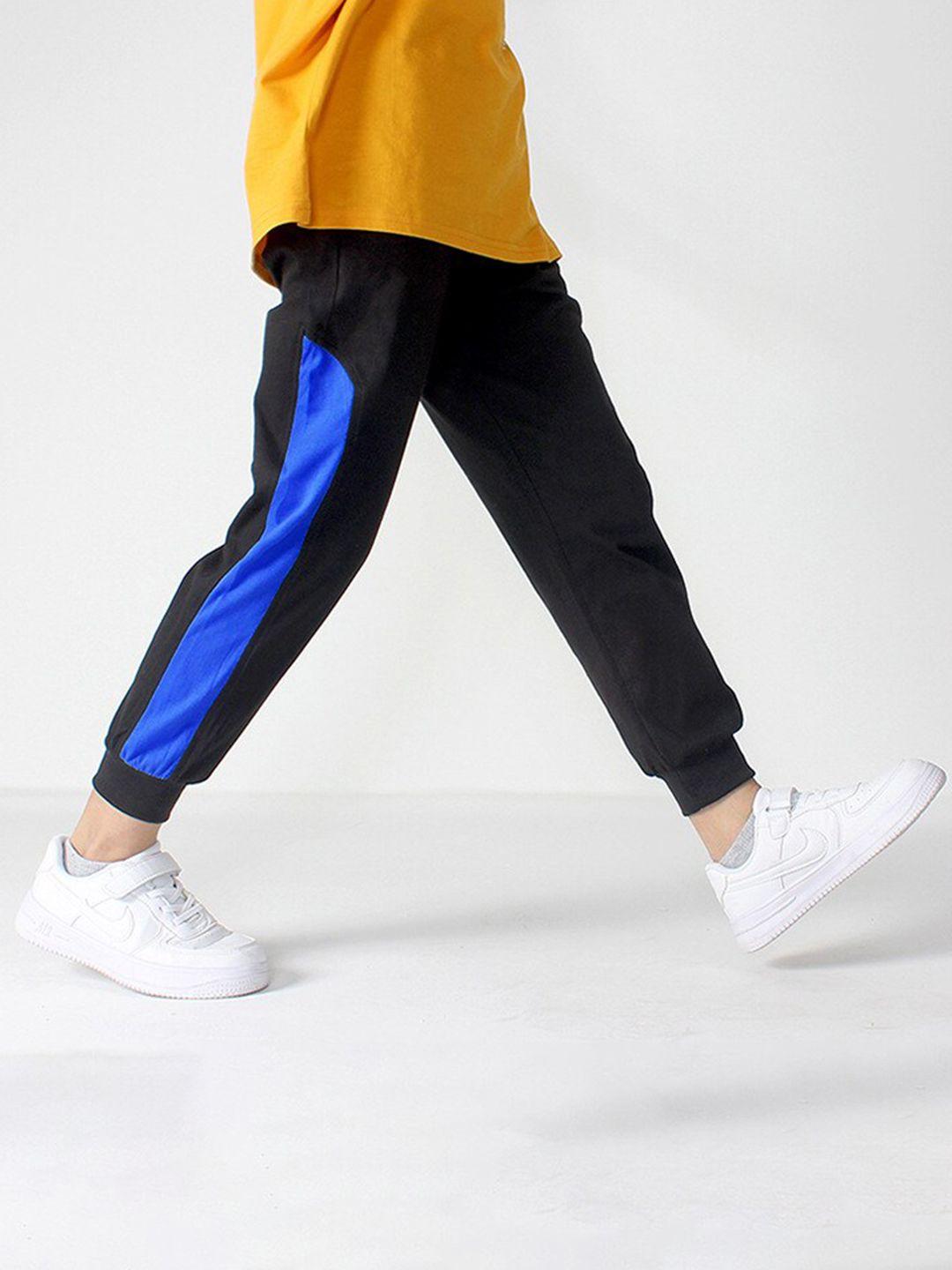 stylecast boys black & blue striped mid-rise cotton joggers trousers