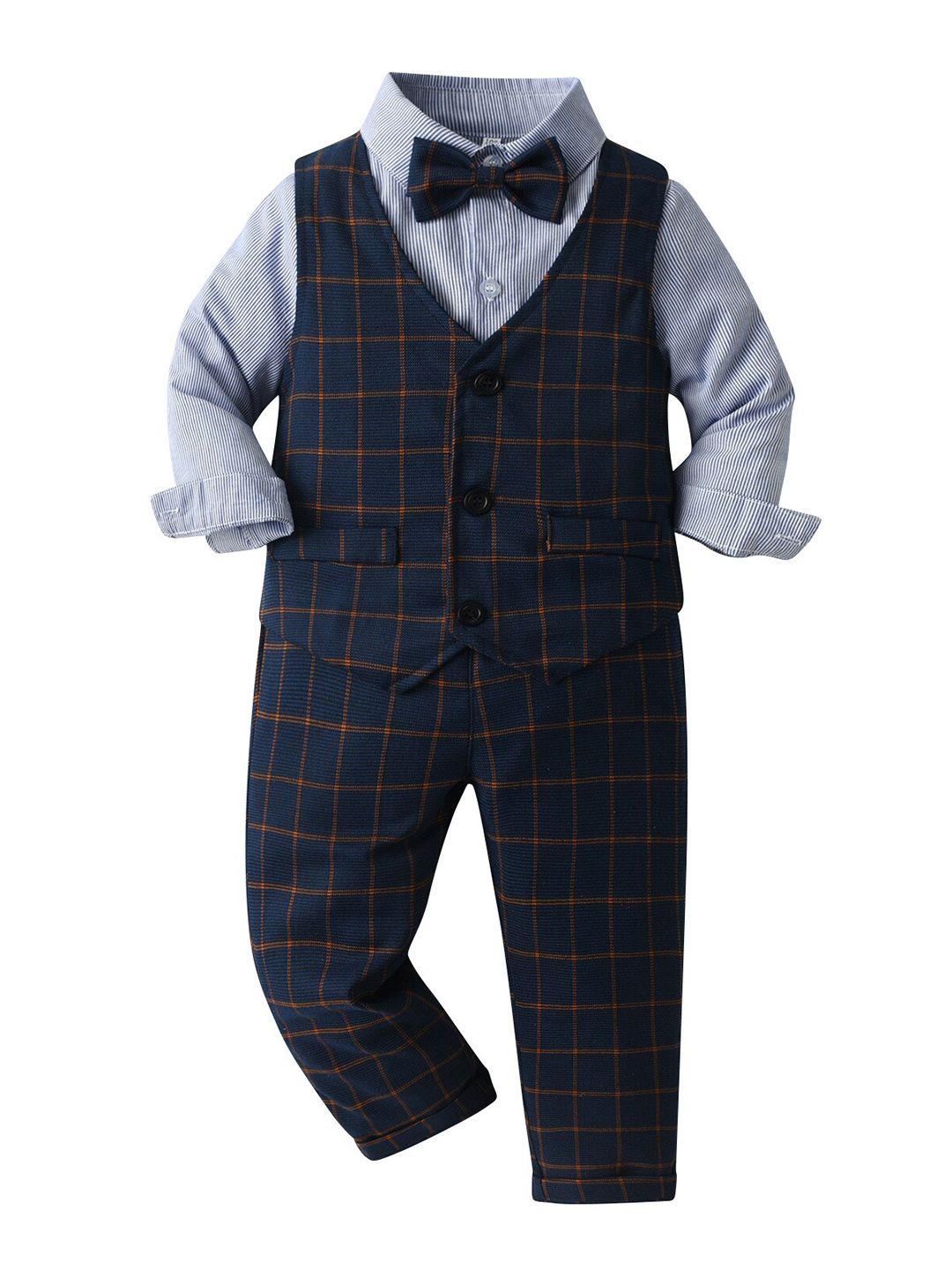 stylecast boys navy blue & brown checked single-breasted waistcoat with trousers & shirt