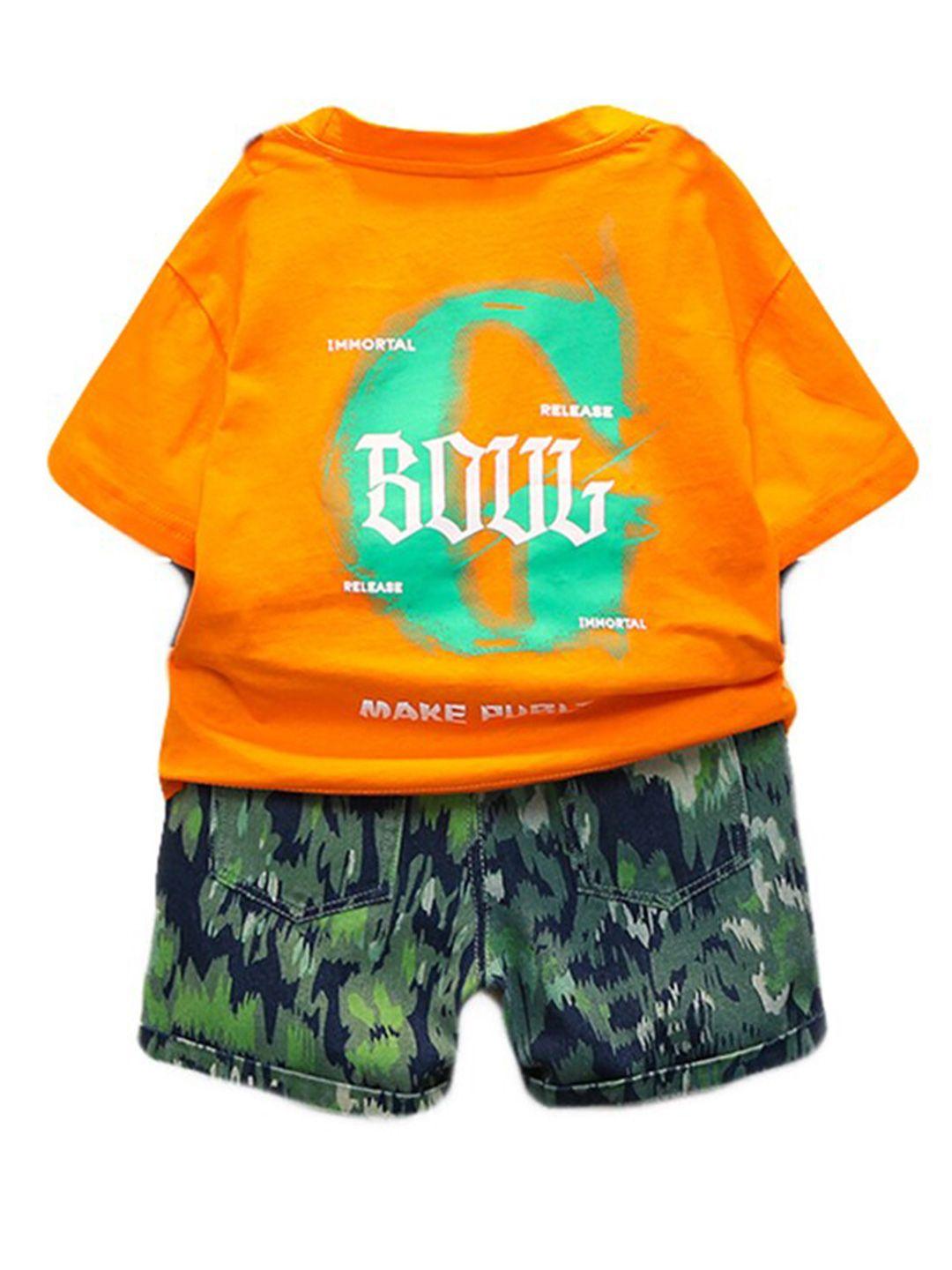 stylecast boys orange & navy blue graphic printed pure cotton t-shirt with printed shorts