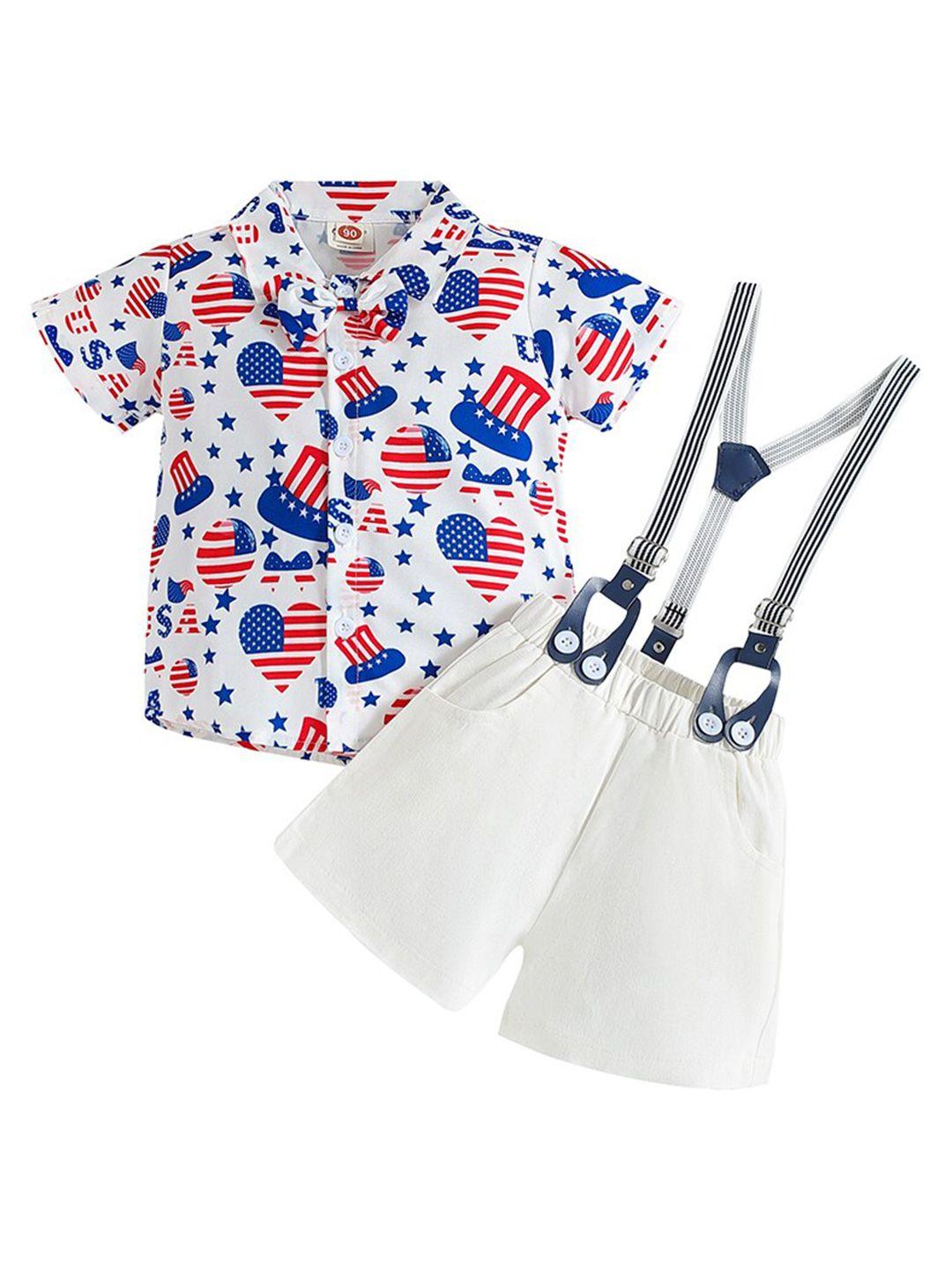 stylecast boys white graphic printed shirt collar shirt & shorts with suspenders