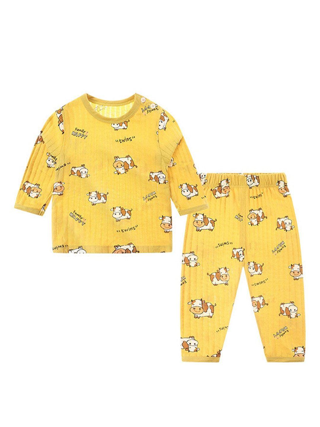 stylecast boys yellow & white conversational printed pure cotton night suit