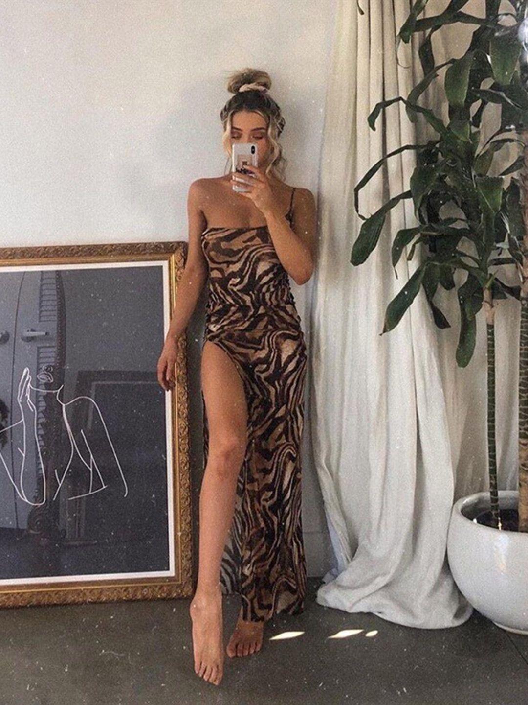 stylecast brown abstract print one shoulder maxi dress