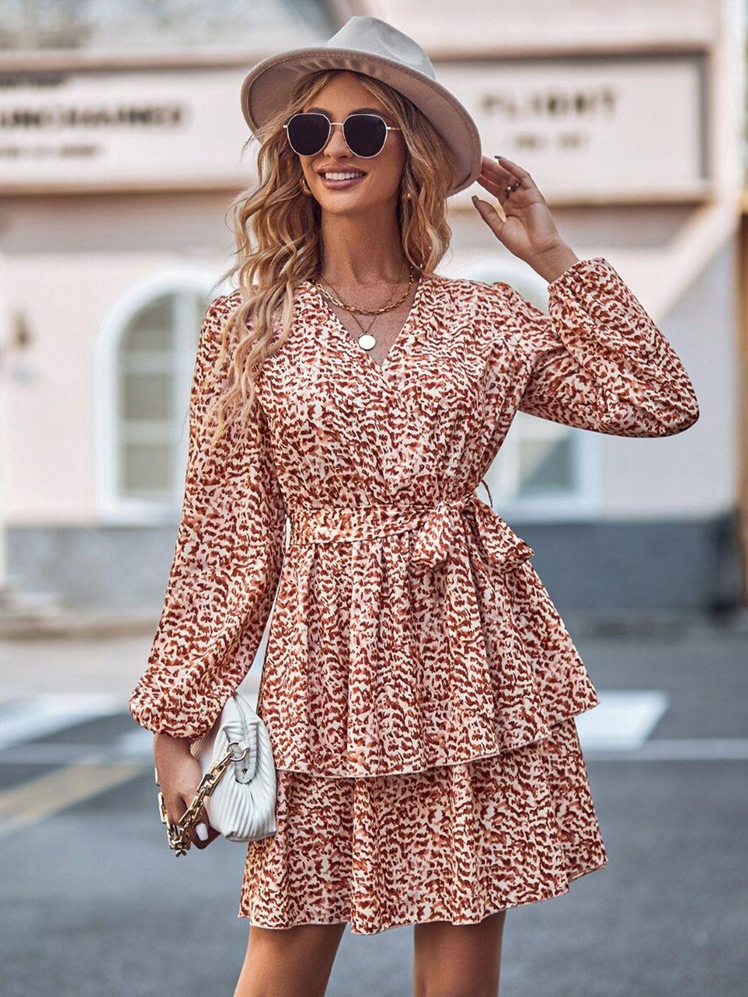 stylecast brown animal printed layered fit & flare dress