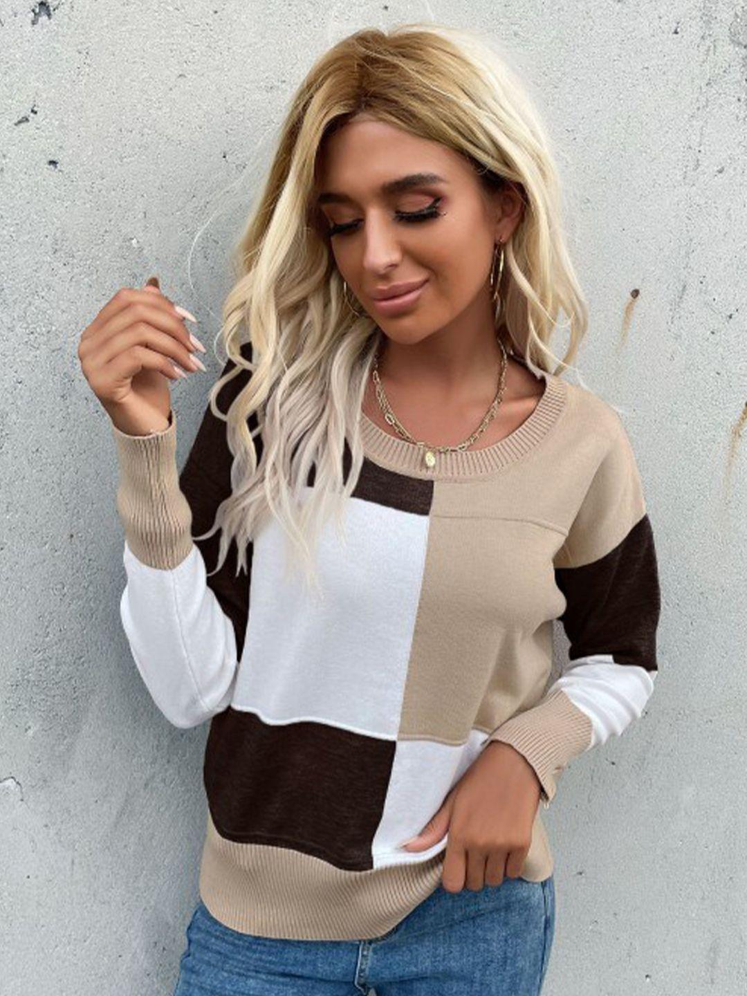 stylecast brown colourblocked round neck long sleeves ribbed pullover