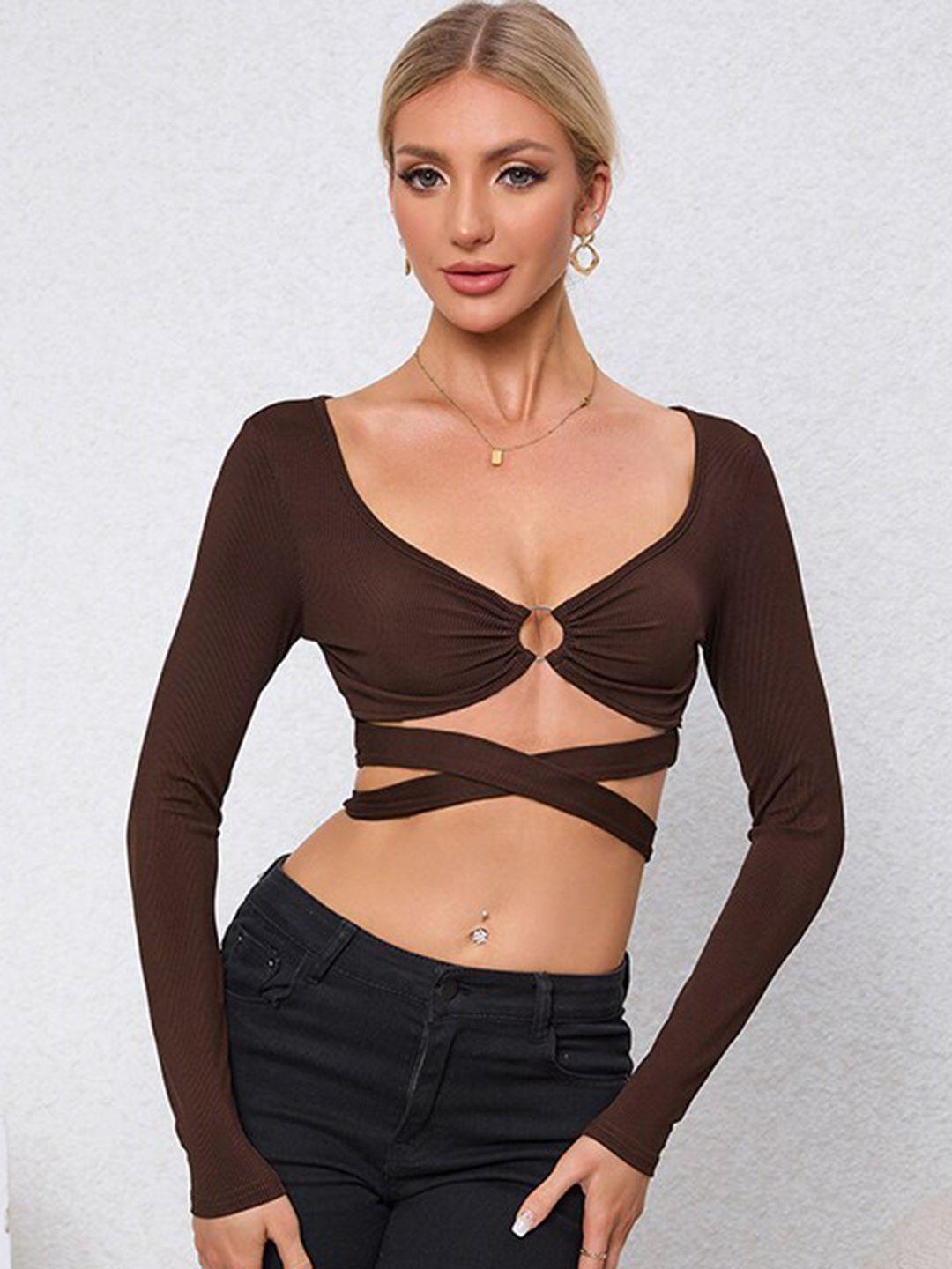 stylecast brown extended sleeves crop top