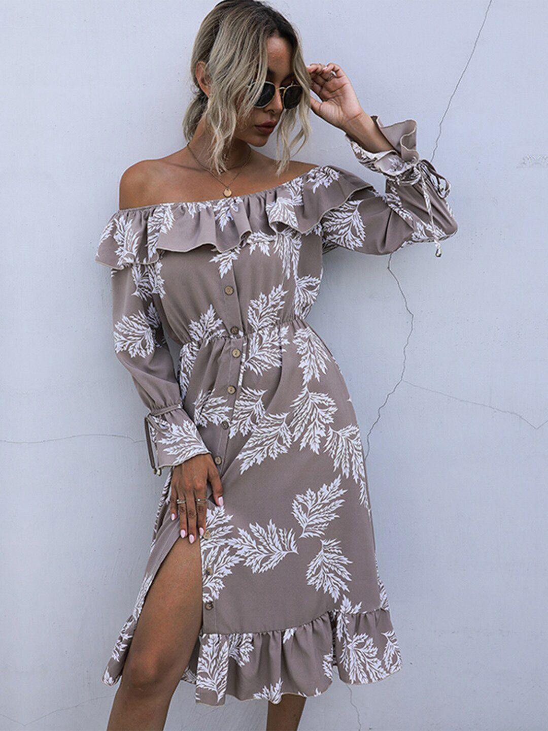 stylecast brown floral printed off-shoulder puff sleeves fit & flare midi dress