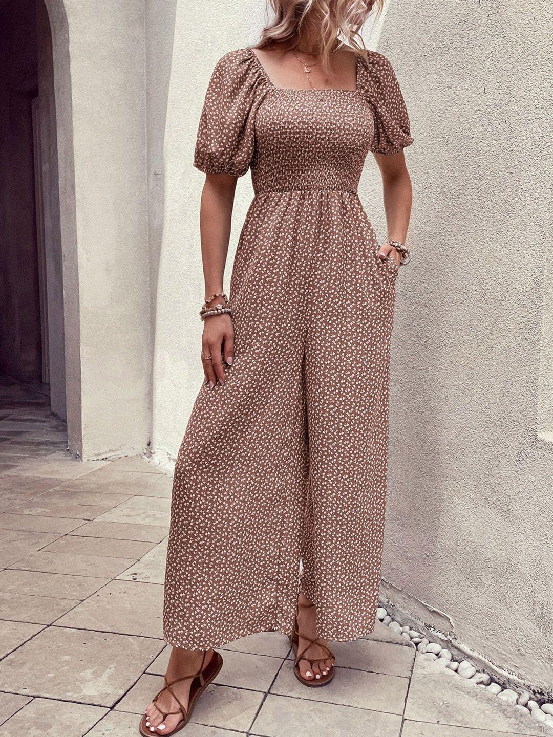 stylecast brown floral printed puff sleeves basic jumpsuit