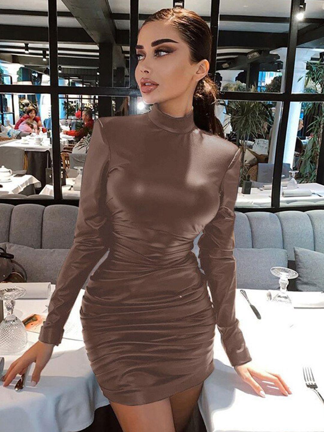 stylecast brown high neck gathered bodycon mini dress