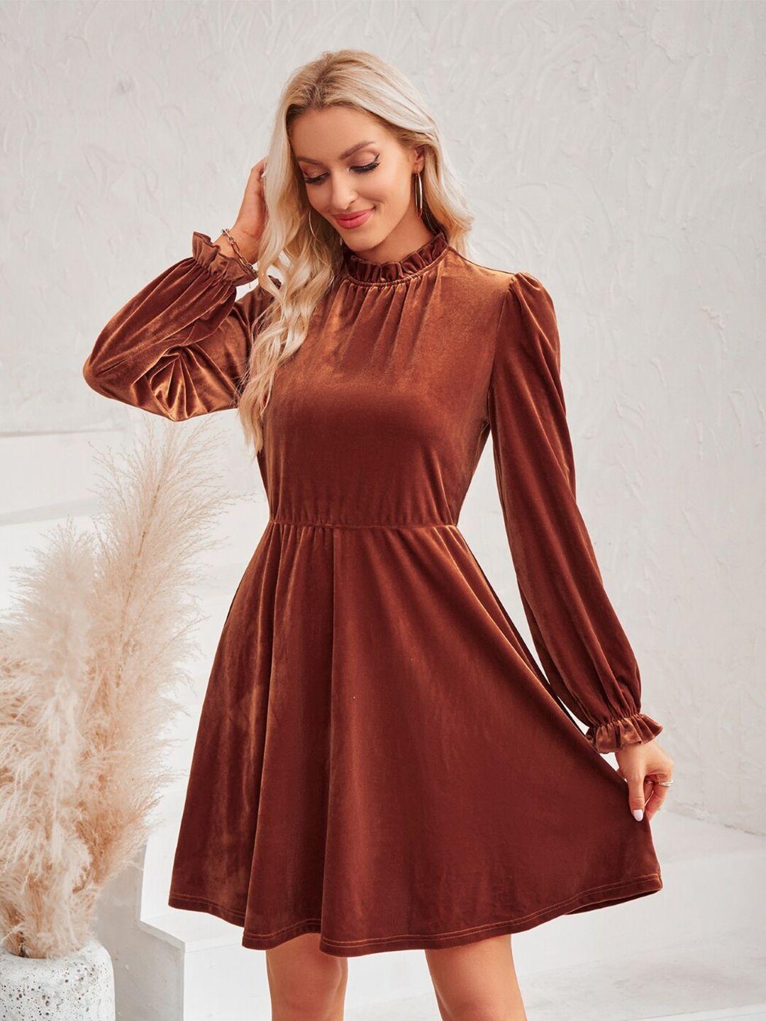 stylecast brown high neck puff sleeves fit & flare dress