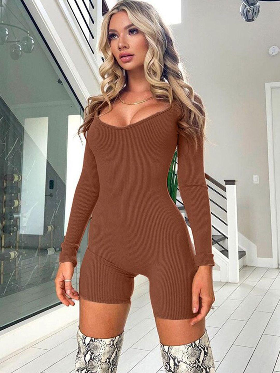 stylecast brown ribbed scoop neck long sleeves playsuit