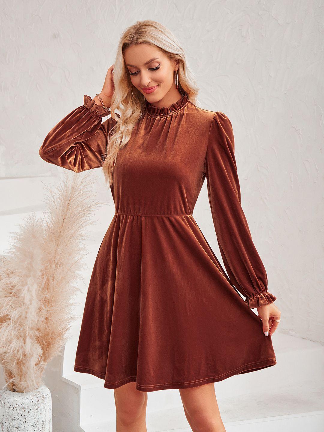 stylecast brown round neck puff sleeves casual fit & flare dress