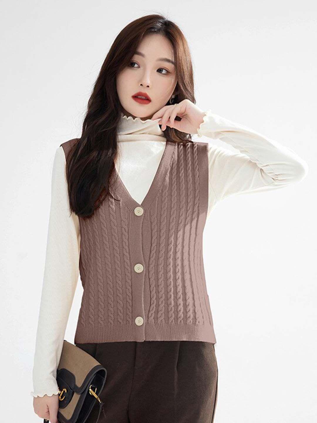 stylecast brown self design cable knit cardigan sweater