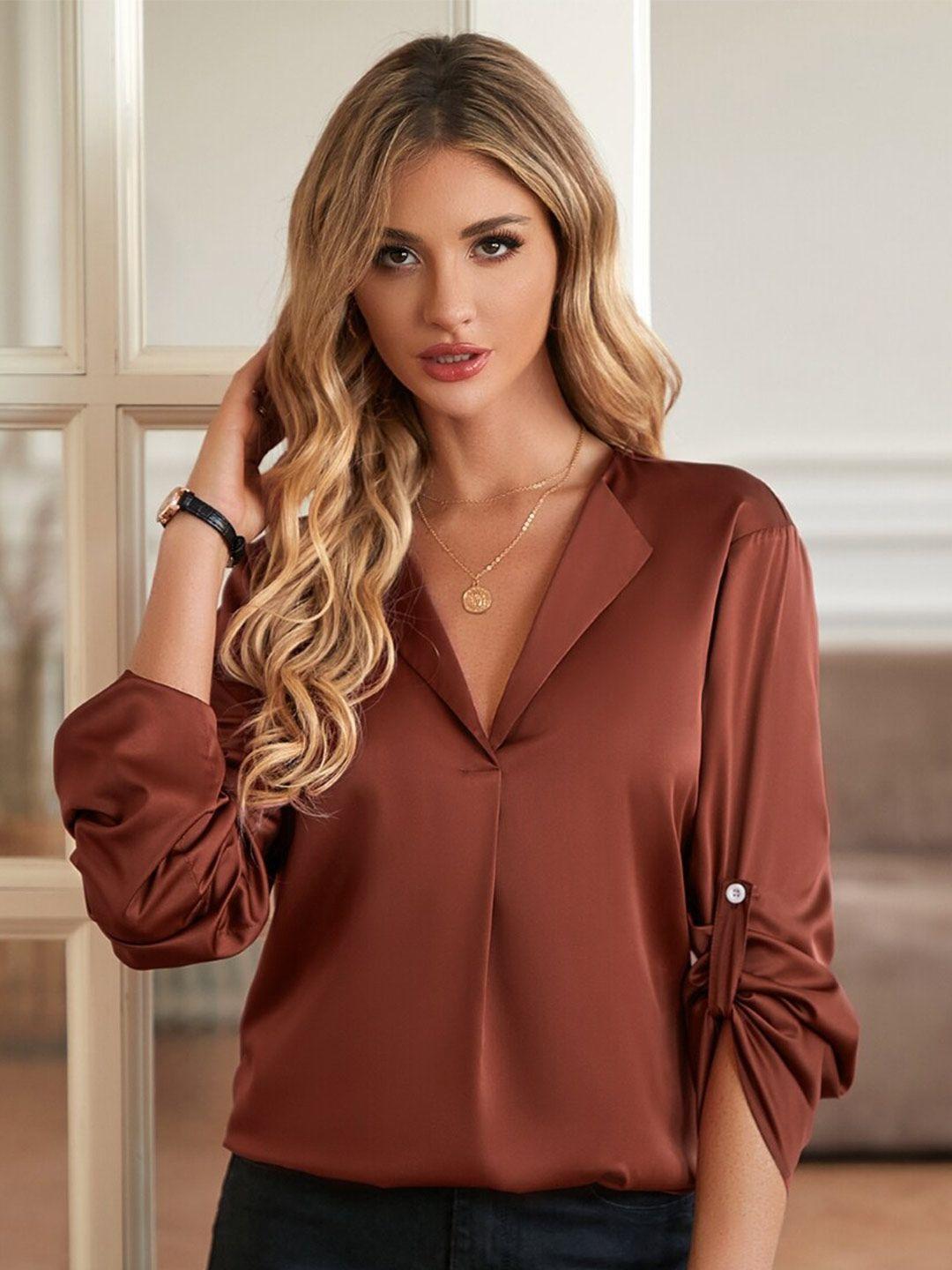 stylecast brown shirt collar roll-up sleeves shirt style top