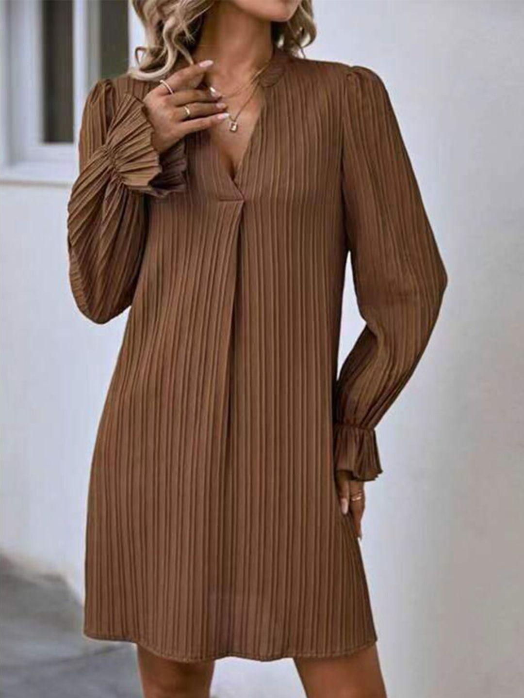stylecast brown striped v-neck bell sleeve a-line dress