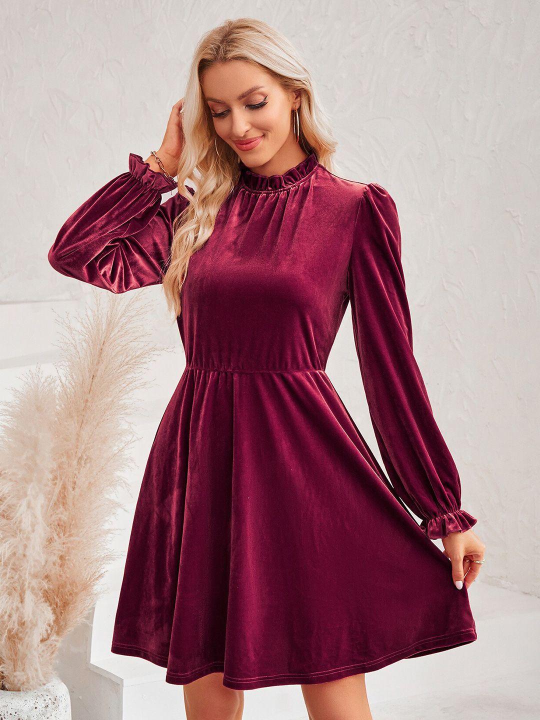 stylecast burgundy high neck puff sleeve fit & flare dress