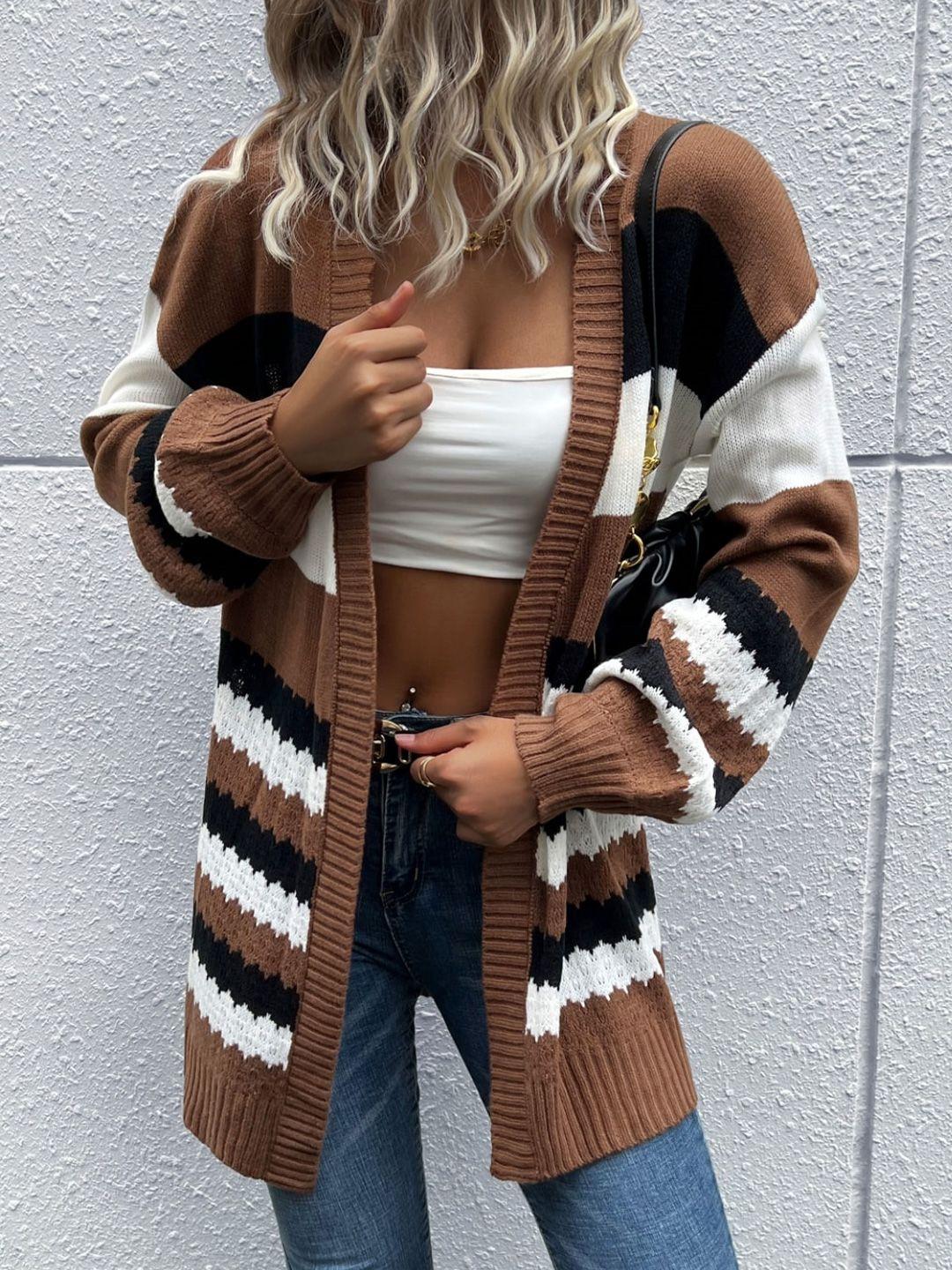 stylecast coffee brown & white colourblocked longline acrylic cardigan sweaters