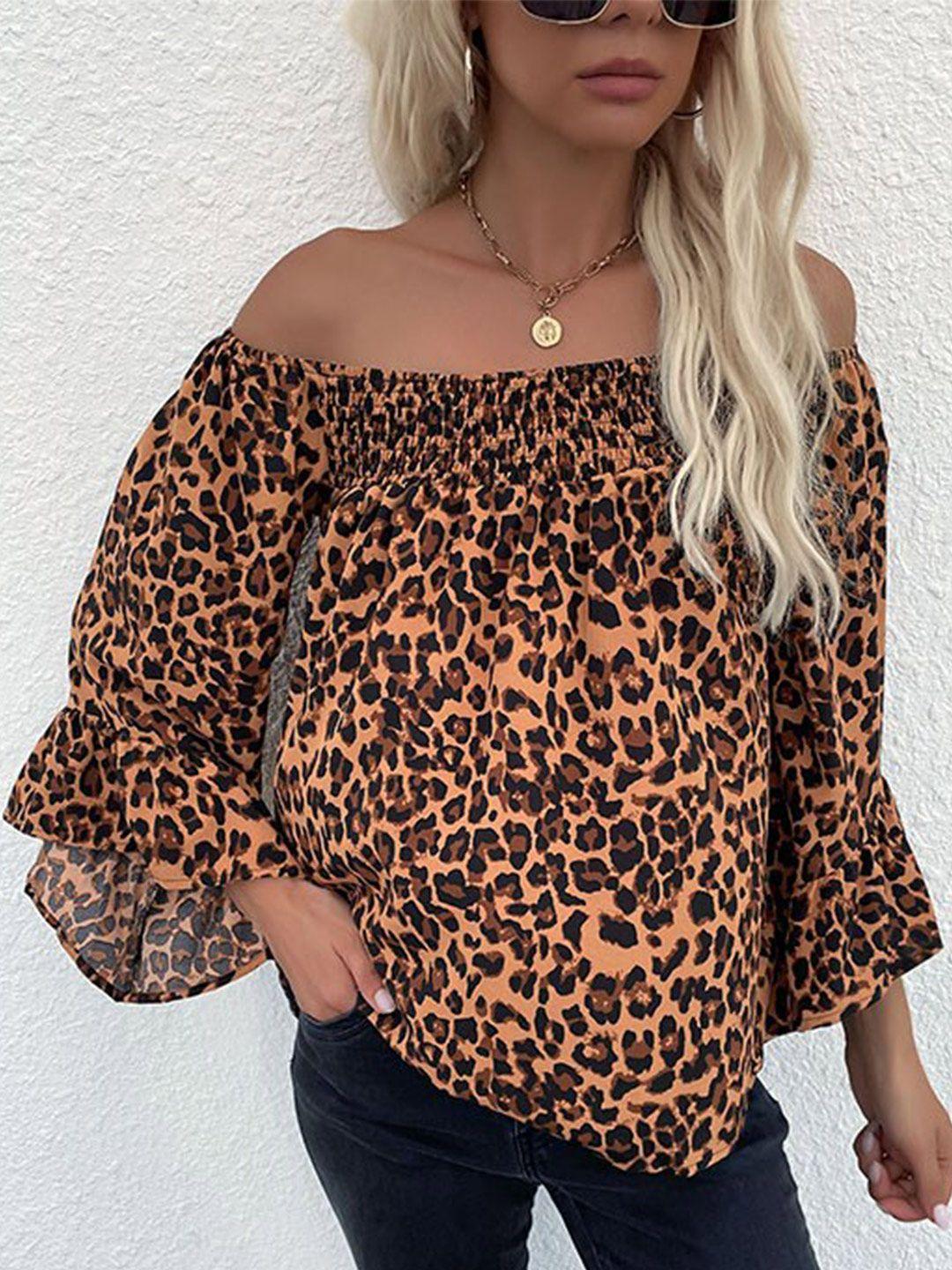 stylecast coffee brown animal printed bell sleeves bardot top