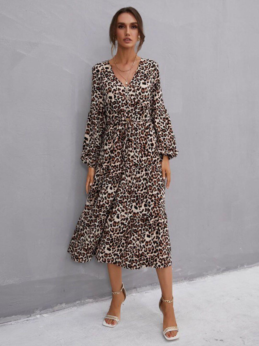 stylecast coffee brown animal printed v-neck a-line midi dress