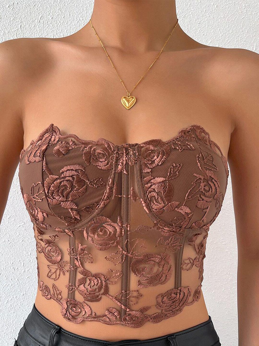 stylecast floral embroidered sheer net corset crop top