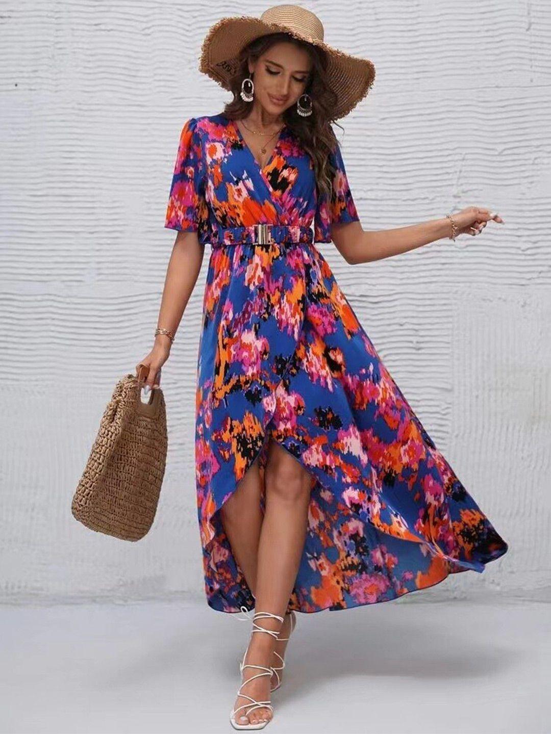 stylecast floral printed v-neck flared sleeves fit and flare dresses