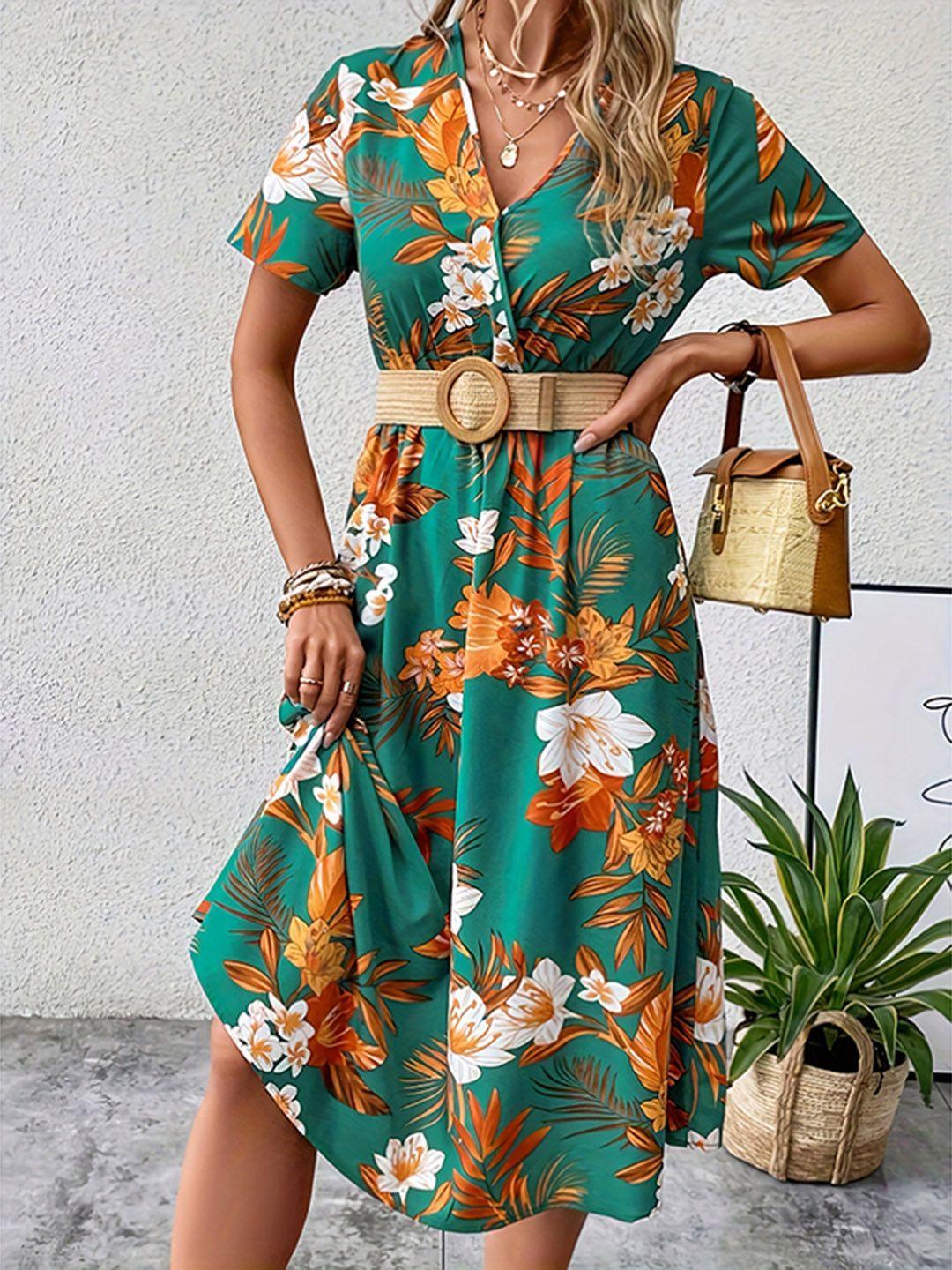 stylecast floral printed v-neck short sleeves midi dress