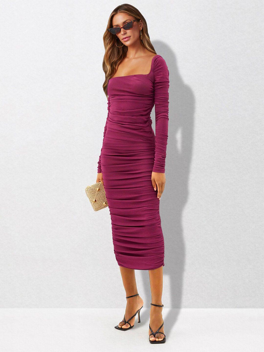 stylecast fuchsia square neck puff sleeves gathered bodycon midi dress