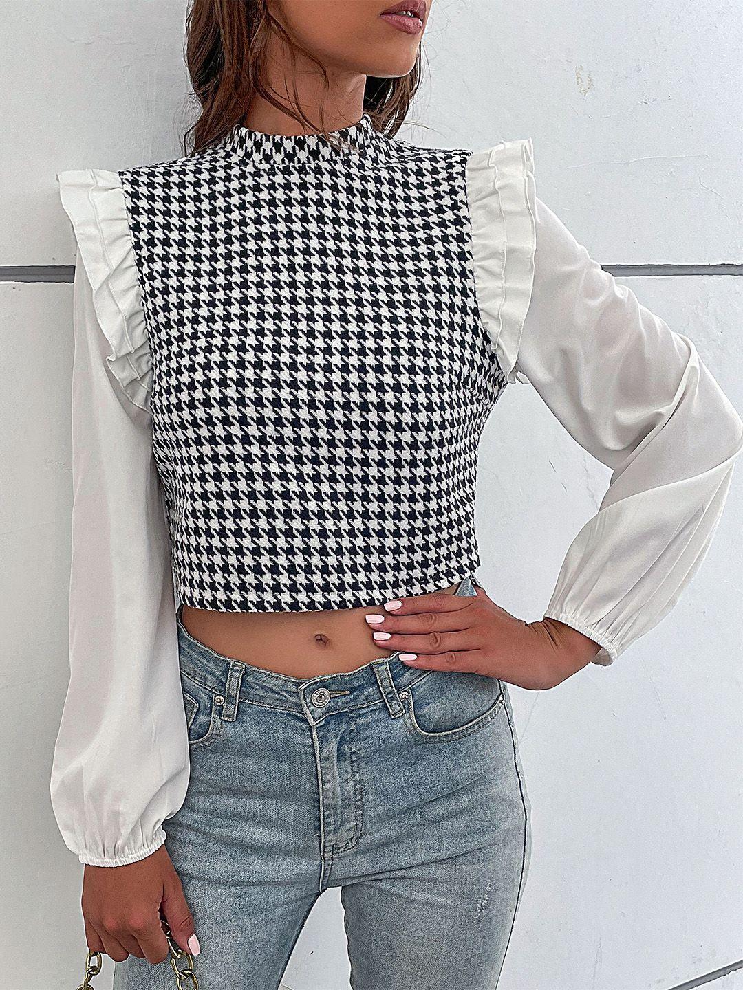 stylecast geometric printed puffed sleeves high neck ruffles crop top