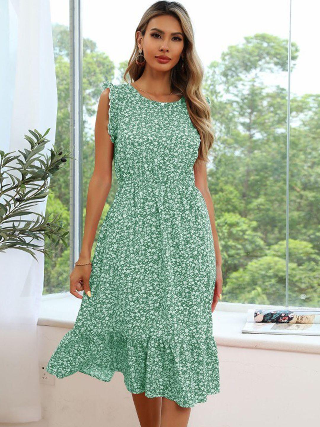 stylecast green & white floral printed sleeveless ruffles a-line dress